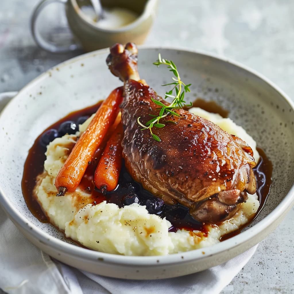 Duck confit leg with mashed potatoes and glazed carrots