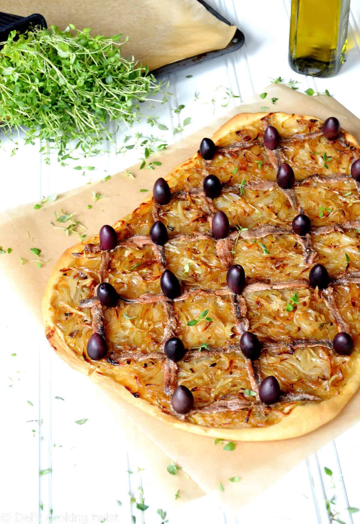 Pissaladière with olive and anchovy topping