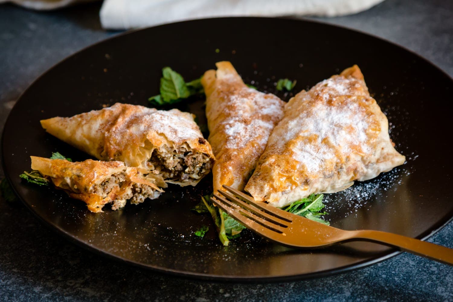 Crisp kefta briouats with savory minced meat filling