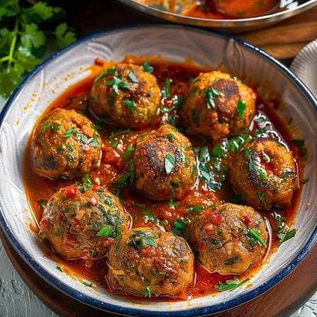 Sardine chermoula balls in rich tomato sauce