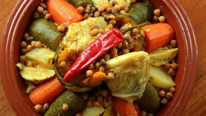 Seven vegetable couscous in a traditional Moroccan dish