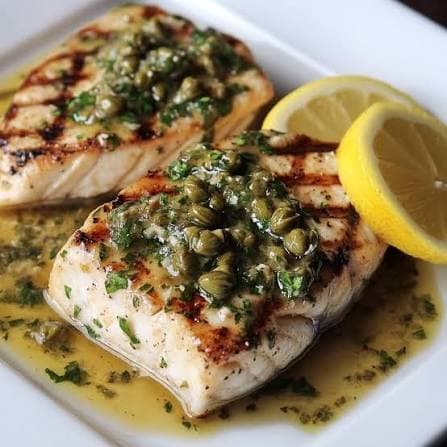 Grilled Swordfish with Salsa Verde, Capers, and Lemon