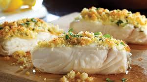 Halibut en croute with a crisp herb topping