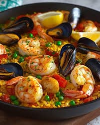 Saffron seafood rice with shrimp, mussels, and squid