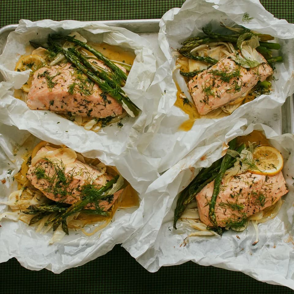 Salmon en Papillote with Fennel, Asparagus, Lemon, and Dill