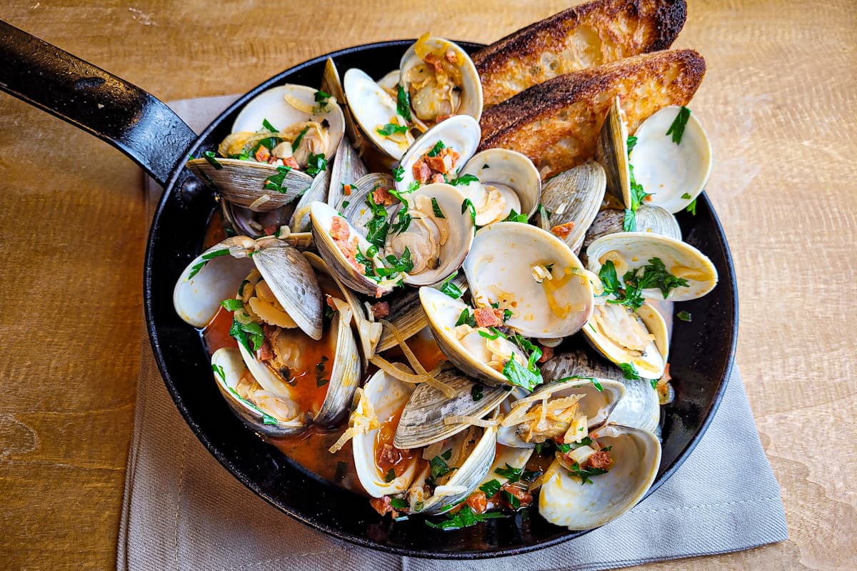 Steamed Littlenecks with Chorizo, White Wine, and Grilled Bread